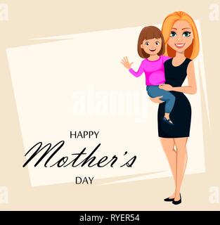 Postcard to Mother's day. Beautiful woman holds her little daughter. Vector illustration Stock Vector