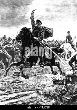 Bluecher, Gebhard Leberecht von, 16.12.1742 - 12.9.1819, Prussian general, on the march to Waterloo, 18.6.1815, wood engraving based on painting by Rudolf Eichstaedt, detail, 1897, Additional-Rights-Clearance-Info-Not-Available Stock Photo