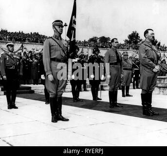 National Socialism, Nuremberg Rally, 'Reichsparteitag Grossdeutschlands', Nuremberg 5.9.1938-12.9.1938, Corps Leader of the NSKK Adolf Huehnlein, Chief of General staff of SA Viktor Lutze, behind him Second in Command Rudolf Hess, Hermann Göring in storm battalion uniform, Fuehrer and Chancellor of the Reich Adolf Hitler, during appeal on the Nazi party rally grounds, Additional-Rights-Clearance-Info-Not-Available Stock Photo