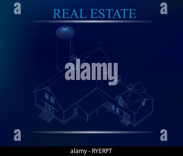 Wireframe of the building of the blue lines on a dark background. Outline of the building. 3D. Vector illustration Stock Vector
