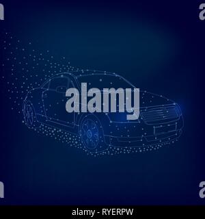 Wireframe of the car from the blue lines on a dark background. Outline of the car with glowing lights. 3D. Vector illustration Stock Vector
