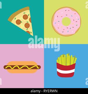 Fast food color flat on square background icon set with pizza, hot dog, donut and french fries Stock Vector