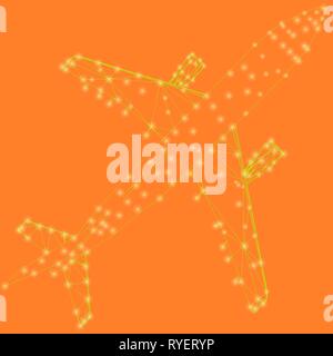 Airplane wireframe of the yellow lines on an orange background. Contour of the aircraft with glowing lights. View from above. Vector illustration Stock Vector