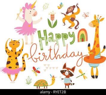 Happy birthday card. Big set of cartoon wild animals.  Stock Vector