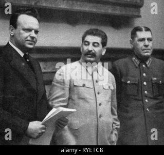 Nazism / National Socialism, politics, German-Soviet non-aggression treaty, 1939, from the left: the Soviet ambassador in Germany Aleksey Shkvarzev, secretary-general the CPSU Joseph Stalin and Chief of General staff general Boris Shaposhikov after the signing, Moscow, 24.8.1939, German Soviet, Hitler - Stalin - pact, Ribbentrop Molotov Pact, Ribbentrop - Molotov - pact, Molotov-Ribbentrop Pact, diplomacy, foreign policy, external policy, Russia, Soviet Union, USSR, Union of Socialist Soviet Republics, Germany, German Reich, Third Reich, people, , Additional-Rights-Clearance-Info-Not-Available Stock Photo