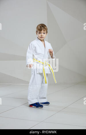 Young boy wearing kimono and standing in attacking or defending stance indoors Stock Photo