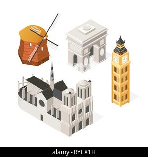 European landmarks - colorful isometric set of objects Stock Vector