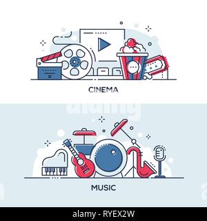 Cinema and music - modern line design style illustrations Stock Vector