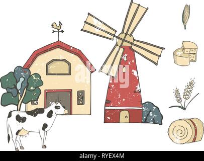 Farm household or farmer agriculture and cattle farming vector flat design. Hand drawn illustration grunge style texture. Cute cow with red old mill c Stock Vector