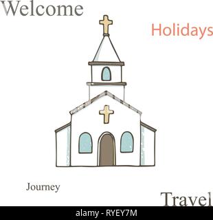 Church icon. Vector illustration for religion architecture design. Cartoon church building silhouette with cross, chapel, fence, trees. Hand drawn fla Stock Vector