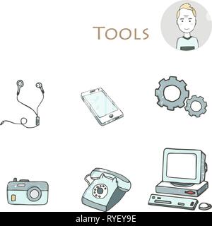 Set of hand drawn electorinc gadget icons with pc, phone, photo camera, headphones, tools, computer, laptop, monitor. Isolated clip art grunge style t Stock Vector