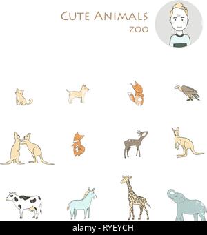 Zoo cute animals hand drawn set. Farm collection illustration, isolated clip art grunge textrure style. Cartoon wild life. Stock Vector