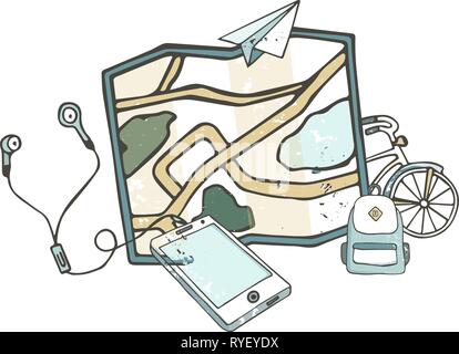 Map design concept set with phone, bike, backpack and world navigation flat icons isolated vector illustration grunge style texture, hand drawn clip a Stock Vector