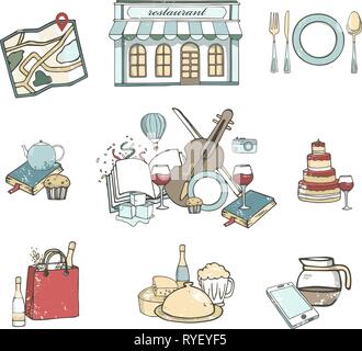 hand drawn restaurant icons set on white Stock Vector
