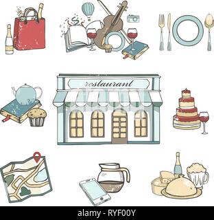 Travel set hand drawn restaurant icons set, flat illustration grunge texture isolated cafe clip art on white background. Stock Vector