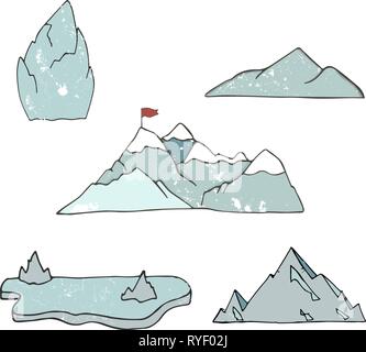 Mountain icons or logotypes. Vector illustration of mountains landscape isolated on white background. Hand drawn clip art grunge style texture. Alps.  Stock Vector