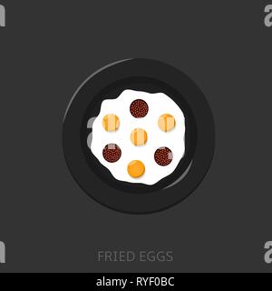 Fried eggs with sausages on the black plate Top view Stock Vector