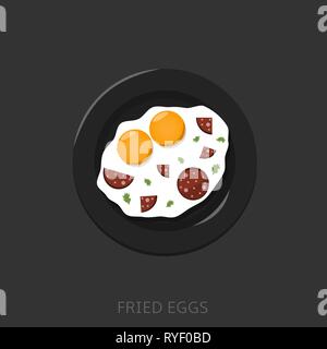 Fried eggs with sausages on the black plate Top view Stock Vector