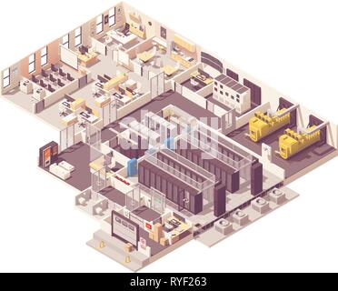 Vector isometric data center. Server room with hot and cold aisle containment, generator, UPS and battery rooms, CRAC unit with compressor, Network op Stock Vector