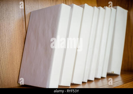 collection of various blank white books on wooden background. each one is shot separately.Blank catalog, magazine, book template with soft shadows Stock Photo