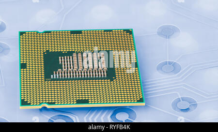 Computer main processor on plastic keyboard membrane. Circuit board. Modern PC central processing unit in green and golden. Hardware components, PCB. Stock Photo