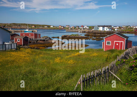 Red fishing stage, Tilting, Fogo Island, Newfoundland and Labrador, Canada Stock Photo