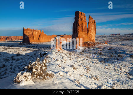 The Organ and Tower of Babel at sunrise in winter, Arches National Park, Utah Stock Photo