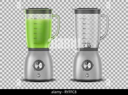 Set of Realistic Juicer blender. Kitchen blender with organic green vegetable juice and empty, drink 3d mixer isolated. vector illustration Stock Vector