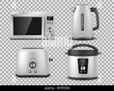 Kitchen appliances template. Realistic silver microwave, kettle, oven, juicer, toaster, multicooker silver mockup. Set of household appliance vector Stock Vector