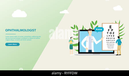 ophthalmologist consultationt website design template with doctor and patient with type board on laptop screen - vector illustration Stock Photo