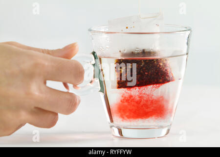 Close-up of a woman hand dipping a sachet of Hibiscus Tea in a glass cup full of water with beautiful red-colored effects in the transparency of water Stock Photo
