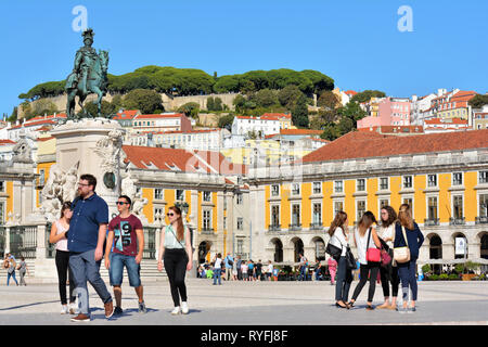 Praca do Comercio - Commercial Square , historical landmark known as Terreiro do Paco with  King Jose I and the imposing horse Gentil statue in Lisbon Stock Photo