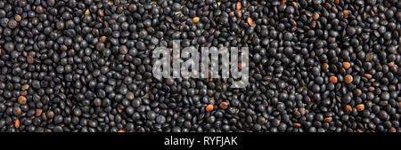 Black lentils. Black color lentils uncooked full background, banner, top view Stock Photo