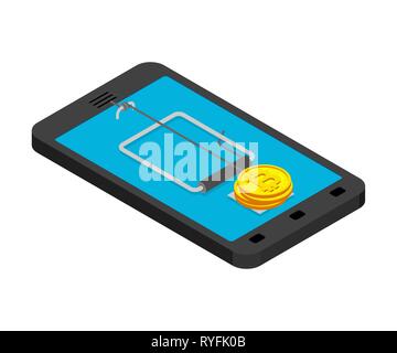 Internet deception concept. Online Mousetrap and Bitcoin. Mouse trap in Smartphone and Cryptocurrency. Tablet gadget Rodent snare. Vector illustration Stock Vector