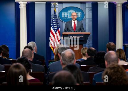 Acting Director of the Office of Management and Budget Russell Vought holds a press conference in the James S. Brady Press Briefing Room of the White House March 11, 2019 in Washington, DC. Stock Photo