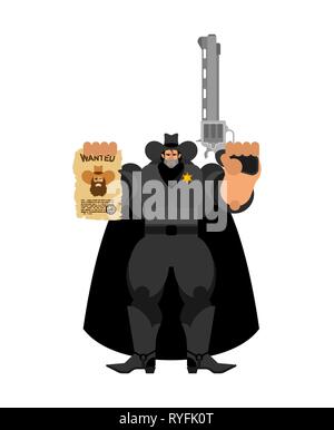 Sheriff Cowboy and Wanted flyer. Wild West gunfighter. Angry Western policeman Stock Vector