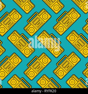 Boombox pattern seamless. Retro recorder ornament. Cassette tape background Stock Vector