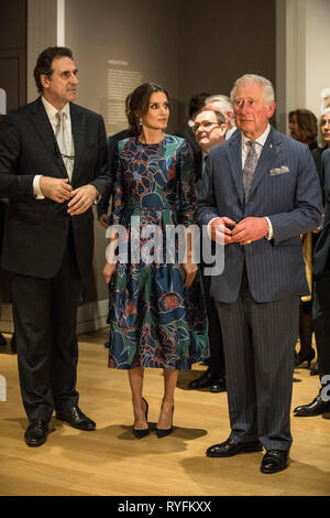 The Prince of Wales with Queen Letizia of Spain attend the opening of Sorolla: Spanish Master of Light at the National Gallery in London. Stock Photo