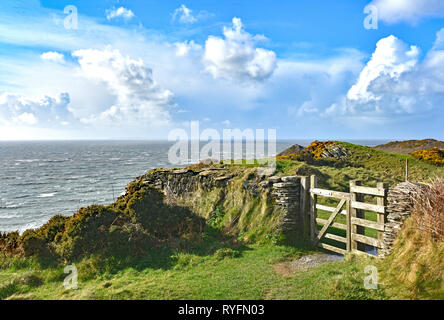 A gate on the Southwest Coast Path. Between Mortehoe and Morte Point, North Devon, England. This section of the path features dramatic headlands. Stock Photo