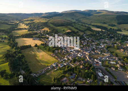 Aerial image of the Scottish Border market town of Moffat in Dumfries and Galloway. Stock Photo