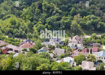 Aerial top view of Kiev suburb houses from above, residential district in capital of Ukraine. Stock Photo