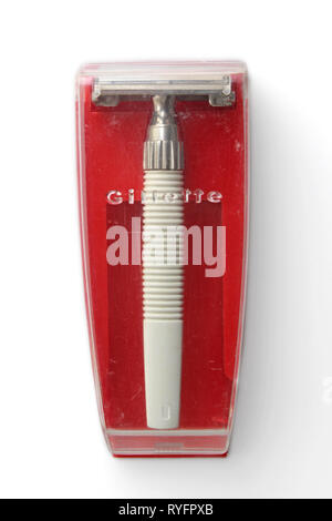 Vintage gillette 1970s-1960s razor shaver with plastic case, isolated on a white background, close-up Stock Photo