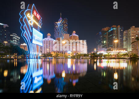 Night view of Macau (Macao). The Grand Lisboa is the tallest building in Macau (Macao) and the most distinctive part of its skyline Stock Photo