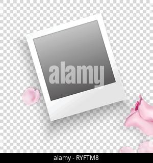 Instant photo frame with pink roses, petals on transparent background. Vector template for your trendy photo or image Stock Vector