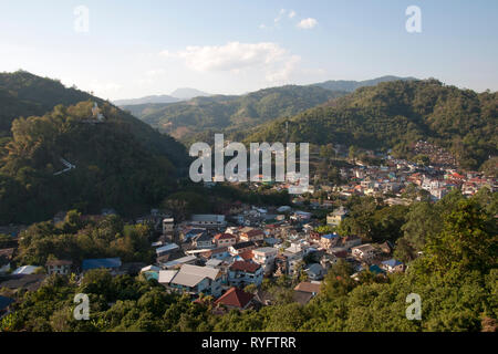 Mai Sai Thailand, panorama of township and surrounding forested himalayan foothills Stock Photo