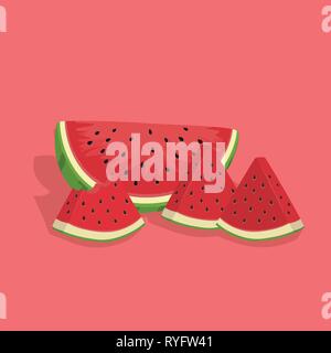 Watermelon design banner poster vector illustration with watermelon fruit slice bite on pink background. Stock Vector