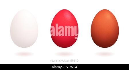 Vector collection of eggs. Festive set of gifts for Easter. Pure white, luxury red and grainy brown chicken eggs. 3d realistic design. Gradient mesh. Stock Vector