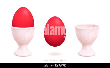 Luxury egg cup with a red Easter egg. 3d realistic design. Beautiful vintage holders with a pink marbling texture. Isolated objects. Detailed clipart Stock Vector