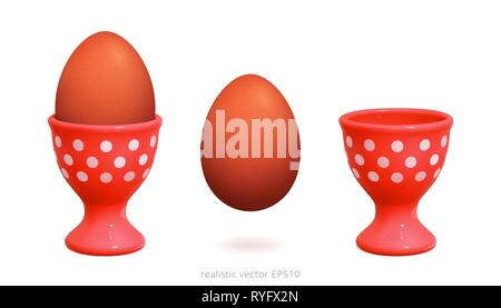 Red plastic egg cups decorated with white polka dot. 3d realistic image of vintage egg holder. Boiled brown chicken egg is over white background. Stock Vector