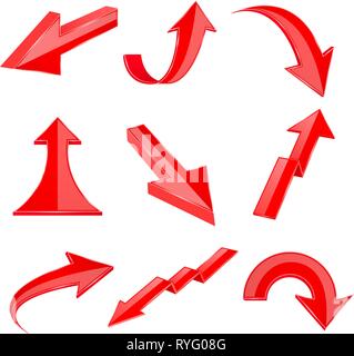 Red bent arrows. Shiny 3d icons Stock Vector